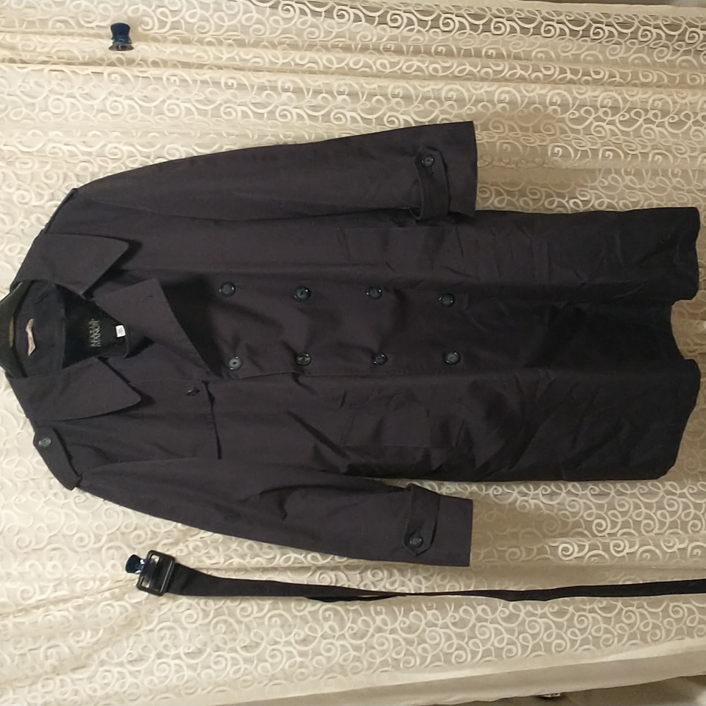 Vintage Mens Austin Manor Double Breasted Black Trench Coat 44L Zip in lining.